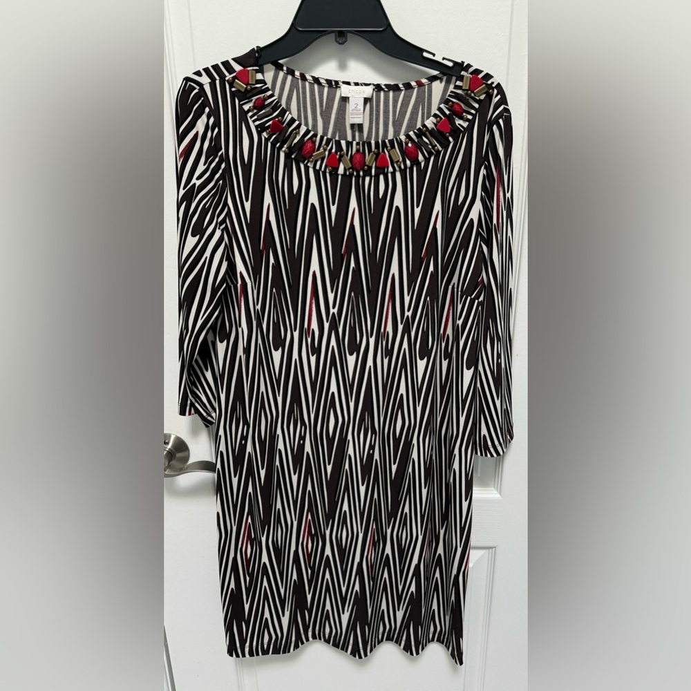 Chico’s Dress, Size 2 or Large, Brown & White with black accents, Unlined, NWT